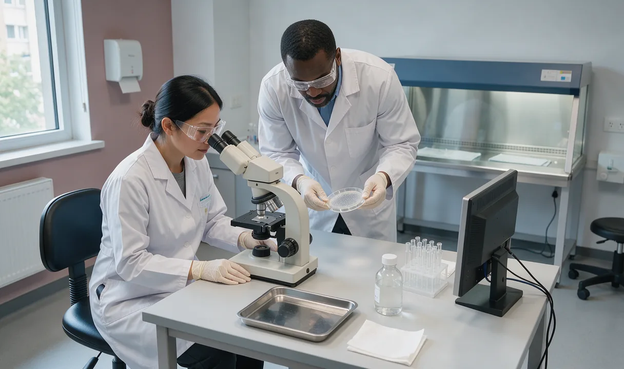 Two laboratory technicians examine a culture plate beside a microscope